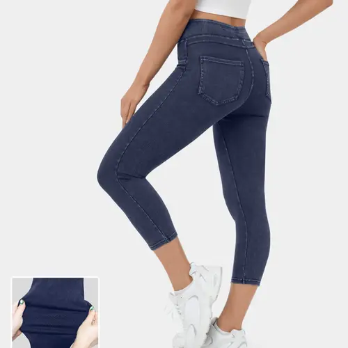 Halara Flex High Waisted Back Side Pocket Stretchy Knit Denim Capri Casual Leggings #BackToSchool