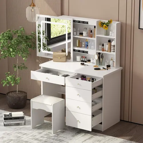 FUFU&GAGA Large Sturdy Stable Makeup Vanity Set - Vanity Makeup Desk with Lighted Sliding Mirror, Storage Organization, Cushioned Stool, Assembly Required, Ideal for Women, Indoor Furniture