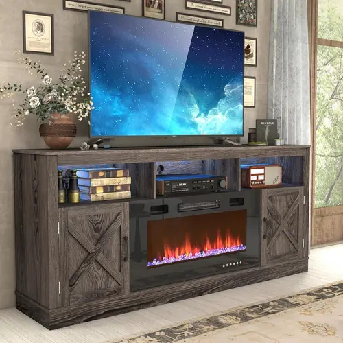 Farmhouse Fireplace TV Stand - 70in Wood TV Console, 32in Tall Living Room Furniture with 36in Electric Fireplace, LED Lighting, Sliding Barn Doors, 1–8 Flame Levels, 0.6" Thick Top for 70/75/80in TVs (Grey, White), Sliding Door, Tv Shelf, Stable
