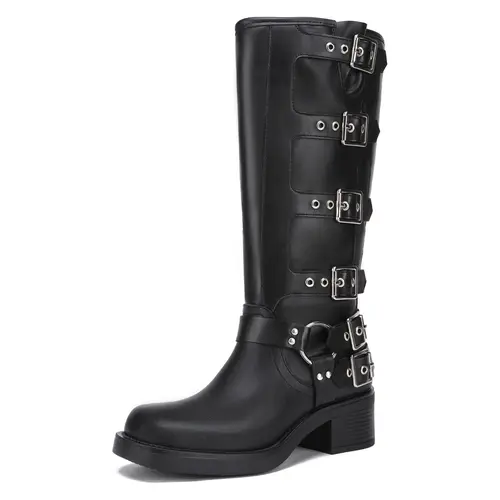 Athlefit Women's Wide Calf Knee-High Riding Boots - Fashion Adjustable Metal Buckle, Square Toe, Chunky Heel Biker Footwear, Comfortable Brown Leather Walking Shoes