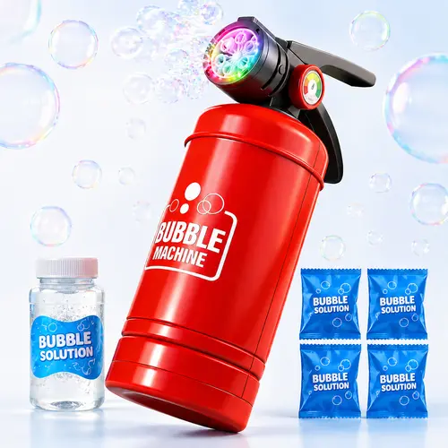 Fire Extinguisher Bubble Machine for Kids, Automatic Bubble Blower Toy with Colorful LED Lights, 6-Hole Bubble Maker with Bubble Solution & Refills, Outdoor Birthday Wedding Summer Party Toy
