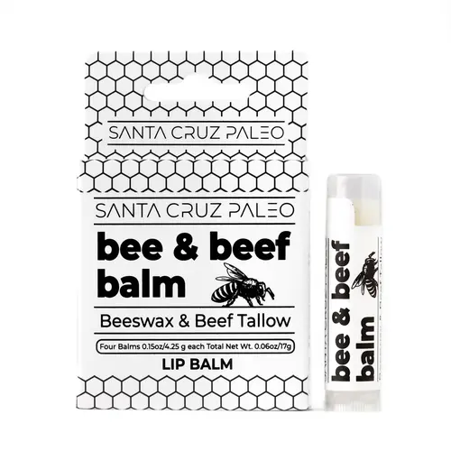 Santa Cruz Paleo Grass Fed Beef Tallow & Beeswax Lip Balm (Unflavored) - 4 Pack - Beef Tallow for Skin Care, Lip Moisturizer, Hypoallergenic for Sensitive Skin, Long Lasting & Vitamin Rich