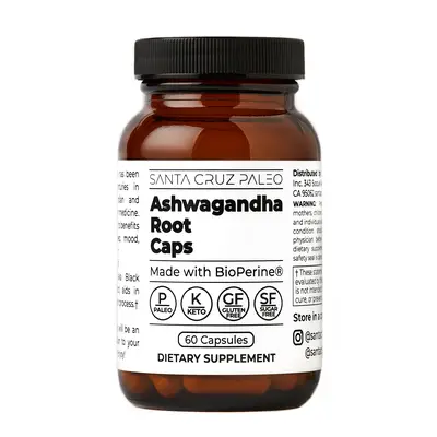 Santa Cruz Paleo Ashwagandha Root - 60 Servings - Herbal Supplement for Focus, Stress Support - Adaptogen for Men and Women with BioPerine - Gluten Free, Vegetarian, Keto Friendly, 600MG Capsules