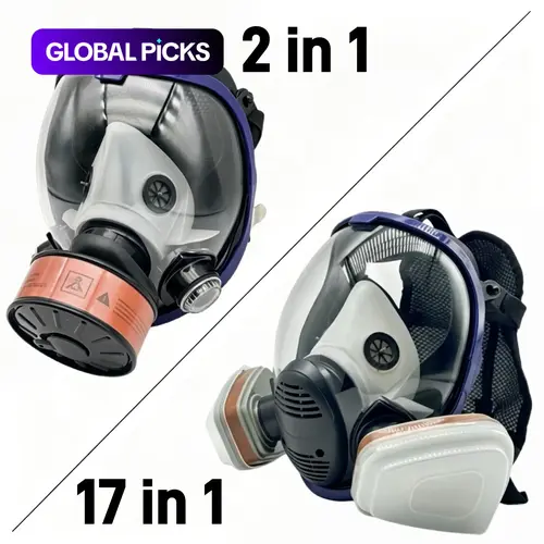 Reusable Full Face Anti-Fog Respirator Mask, 17-in-1 With Dual Cartridge or 2-in-1 With Canister, Gas, Organic Vapors, Dust, Chemical & Paint Spray Protection, for Painting, Woodworking, Construction, Sanding & DIY