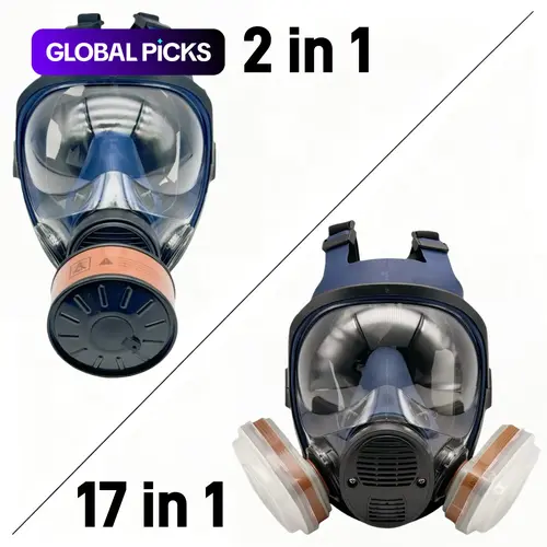 Reusable Silicone Full Face Anti-Fog Respirator Mask, 17-in-1 With Dual Cartridge or 2-in-1 With Canister, Gas, Organic Vapors, Dust, Chemical & Paint Spray Protection, for Painting, Woodworking, Construction, Sanding & DIY