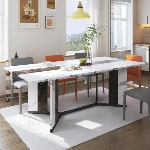 Large Luxurious Rectangular White Dining Table for 6 8 10 People w/Marble-Color Wood Tabletop,Metal Adjustable Leg.Modern 6ft Family Dinner Table for Rustic Office Kitchen Living Room