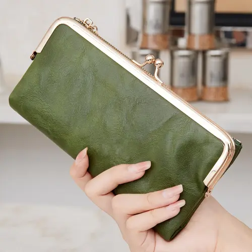 Women's Long Wallet with Kiss-Lock Closure, Vintage Style Multifunctional Coin Purse, Elegant Faux Leather Clutch for Daily Use Wallet Kisslock Clutch