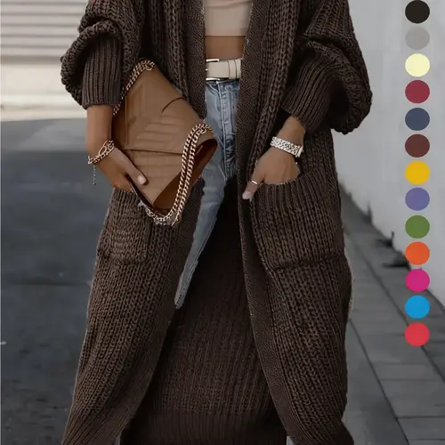 Women's Solid Drop Shoulder Long Cardigan, Womenswear Casual Long Sleeve Cardigan with Pockets, Ladies Knitwear for Spring & Fall Daily Wear, Lightweight Knit Sweater, Sweaters for Women