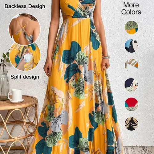 Women's Fitted Tropical Print Split-Thigh Dress, Boho Style Bohemian Backless Cut Out Design Sleeveless Dress, Perfect for Summer Vacation, Casual Summer Dresses