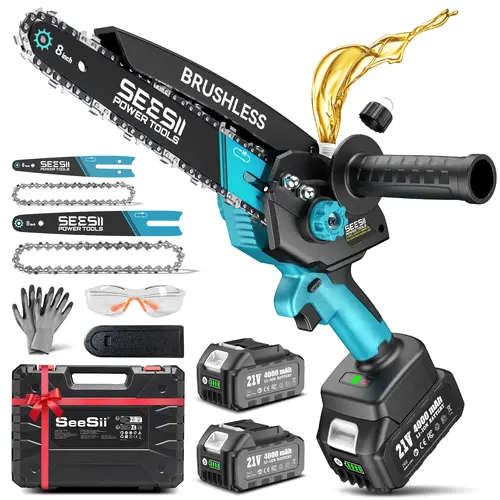 SEESII Mini Chainsaw Cordless, 8 Inch & 6 Inch Electric Chainsaw with 2 Batteries & Auto Oiler, 1000W Brushless Handheld Chain Saw for Tree Branch Wood Cutting, Garden Tools Gift for Men Dad Husband M8 Ace CS800