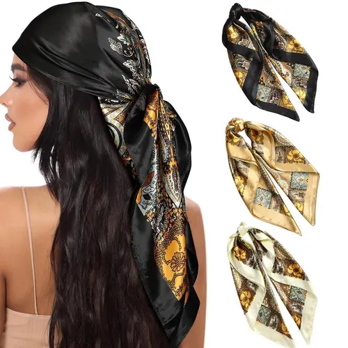AWAYTR Women's 3PCS 35in Large Square Bandana-Style Scarves, Silk-Feeling Lightweight Hair Accessories for Women, Office Head Wraps & Fashion Accessories
