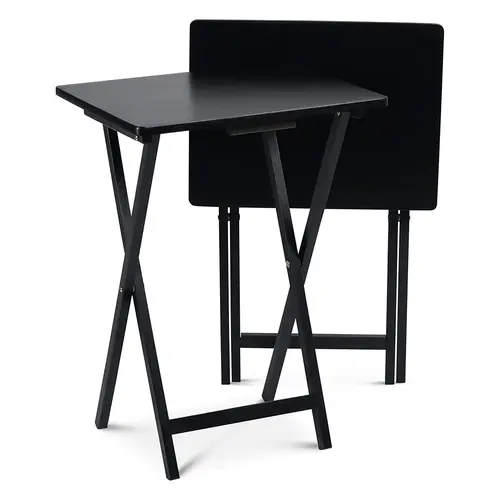 PJ Wood Black Folding TV Tray Tables 2-Piece Set 19x14.57x25.98 Inches Durable Solid Wood Snack Tables for Dining or TV Viewing