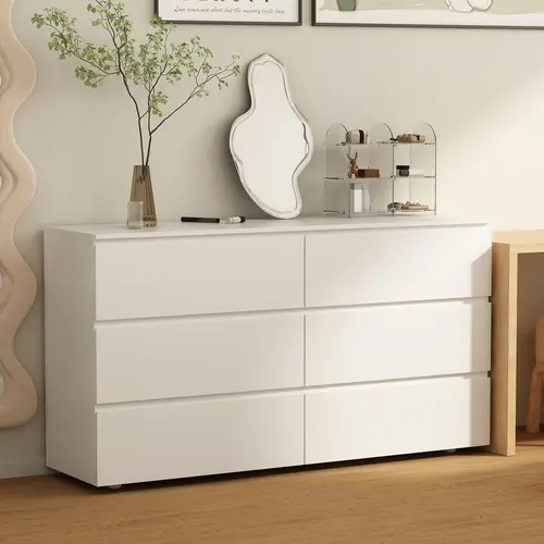 FUFU&GAGA No-Handle White 6-Drawer Chest of Drawers, Wide Storage Modern Contemporary Furniture, Apartment Furniture for Bedroom, Modern Storage Cupboard