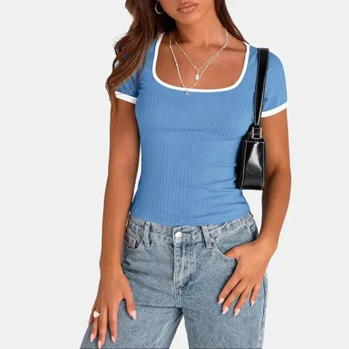 PRETTYGARDEN Women's Summer Short Sleeve T Shirts Ribbed Knit Casual Tops with Square Neck Design & Color-Contrasting Trims Basic Minimalist Style