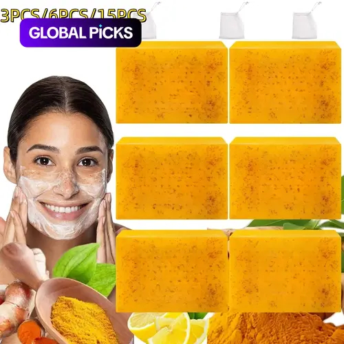 Lemon Turmeric & Kojic Acid Soap Bar, Turmeric Beauty Soap, Brightening Face and Body Soap for Men and Women, Daily Cleansing Skincare with Soap Saver Bag, Gentle Moisturizing Soap #GLOBAL PICKS