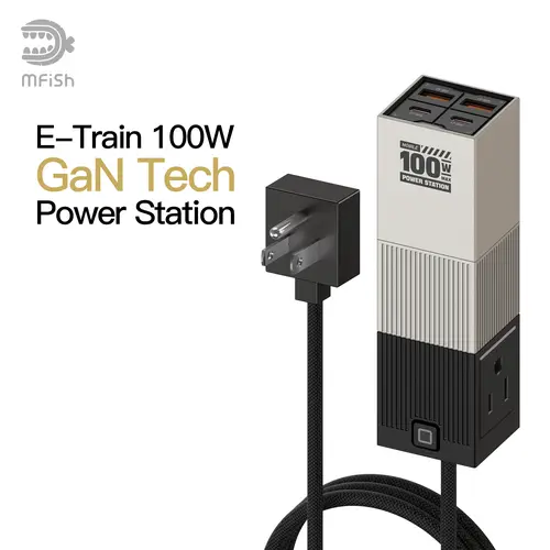 mfish E-Train 100W GaN USB-C Surge Safe Fast Charger - Desktop Certified by CA Prop 65 USB-C Adapter Charger with 5 ft Cord, AC Power Supply for MacBook, iPhone, Samsung, Smartphone