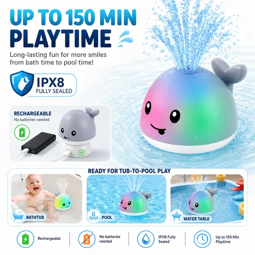 Fun Mini Whale Animal Bath Toy for Toddlers 6-18 Months, Rechargeable Light-Up Bubble Sprayer Bathroom Toy with Color-Changing LED, 120-Min Playtime, Leak-Proof Design, Birthday Gift for Boys & Girls, Animal Bath Toys