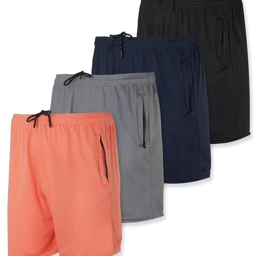 Real Essentials 4 Pack: Men's 5" Mesh Quick-Dry Running Shorts with Zipper Pockets & Drawstring (Available in Big & Tall)