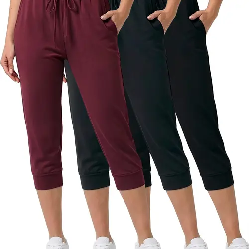 Real Essentials 3-Pack: Women's Ultra Soft Lounge Capri Joggers Sweatpants Athletic Yoga with Pockets(Available in Plus Size)