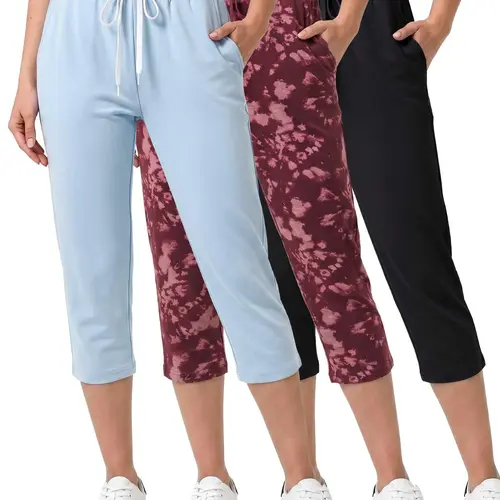 Real Essentials 3 Pack: Women's Capri Open Bottom Sweatpants - Casual Lounge Athletic Workout Yoga Pants with Pockets (Plus)