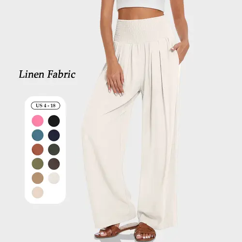 UEU Women's Linen Palazzo Pants Wide Leg Elastic High Waisted Beach Baggy Pants with Pockets Trendy Loose Casual Sportswear