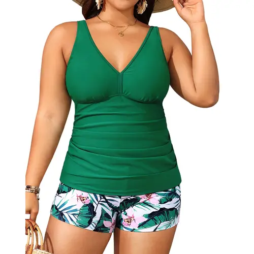 Yonique Womens Plus Size Swimsuits with Shorts Tummy Control Tankini Two Piece Bathing Suits Athletic Swimwear Plus Size Tankini with Boy Shorts High Waisted Full Coverage Swimsuit
