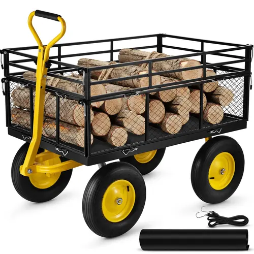 【Summerfinds】VEVOR Steel Garden Cart Heavy Duty Max 1400 lbs Capacitywith Removable Mesh Sides to Convert into FlatbedUtility Metal Wagon with 2-in-1 Handle and 15 in TiresPerfect for GardenFarmYard, Outdoor Garden Accessories, Outdoor Yard Accessories