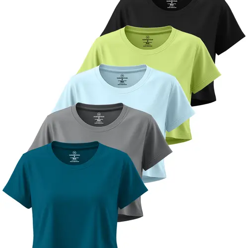 Real Essentials 5 Pack: Women's Dry-Fit Crop Top Short Sleeve Shirts Workout Gym Cropped Athletic Tee (Available in Plus)