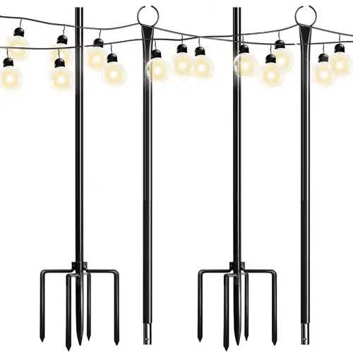 Walensee 2-Pack 9.4FT Adjustable Outdoor Steel Pipe String Light Poles with Hook, 5-Prong Fork Steel Stand Holder, Stylish Hanging Lantern Bracket for Garden Party, Halloween, Birthday Decoration