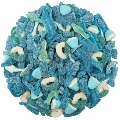 BLUE MIX SOUR GUMMIES 2 LB BAGBears, Belts, Rings, Twists, Bottles, Sharks, Gummy Drops, Twists, Slices, Laces, Piglets Sweet Snack Sugar Candy Chewy Tangy