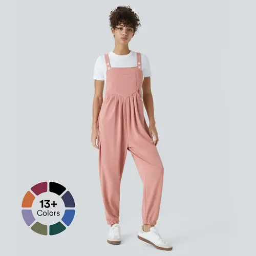 Halara Adjustable Strap Button Multiple Pockets Plicated Waffle Casual Jogger Overalls - Regular Length #BackToSchool