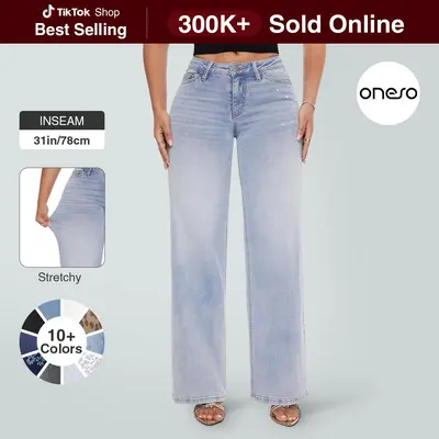 Magic ONESO Mid-low Rise Baggy Jeans Stretchy Wide Leg for Women Distressed Pants Womenswear Bottom 8001 Lady Basic Minimalist Comfortable Denim Tummy Control Curve Hugging Plus Size Regular Size BBL Spring Fashion Daily Outfits