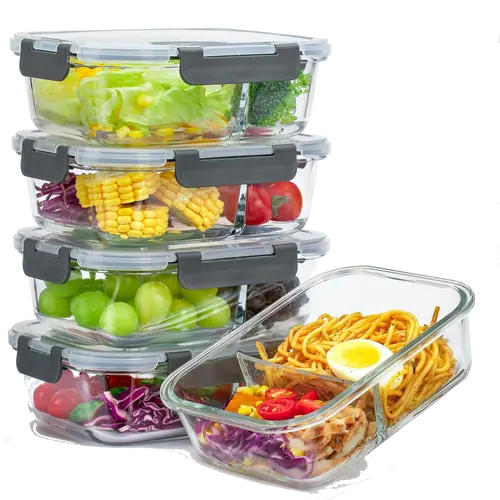AISOON 5-Pack 36oz Borosilicate Glass Kitchen Meal Prep Containers, Upgraded Snap-Lock Airtight Leak-Proof Lids, Oven 752ºf Freezer Safe, Dishwasher-Safe Glass Saves Time (Silicone Stretch Lids Option)