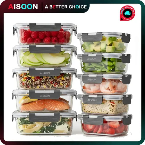 AISOON 10-Pack Rectangle Borosilicate Glass Fridge Storage Containers (5x13oz,5x36oz) - Leak-Proof Lids, Lead-Free, Microwavable, Freezer/Oven-Safe, Stackable, Dishwasher-Safe Bodies, Kitchen Gadgets for Fridge Organization, Food Hacks, Fast Delivery