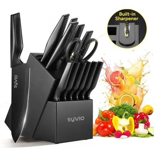 Syvio New 27 Pcs Stainless Steel Knives Kitchen Set with Storage Block, Razor-Sharp Antioxidation Coat Blades, Sharpener, Heavy Poultry Shears, 6 Serrated Steak Knives, Anti-Slip Handles, PFOA/PFAS-Free, Aluminium Nonstick-Compatible, Dishwasher-Safe