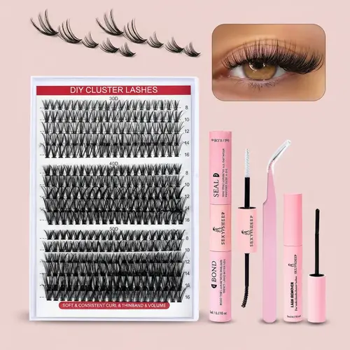 Summer Eyelash Extensions Set, Individual Cluster Lash, 1 Set False Eyelashes Set & Eyelash Tweezers & Eyelash Glue & Eyelash Remover, Makeup Accessories, Summer Makeup