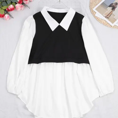 Plus Size 2-in-1 Colorblock Button-Front Blouse, Casual Bishop Long Sleeve Collared Top for Spring & Fall, Women's Clothes for Daily Wear