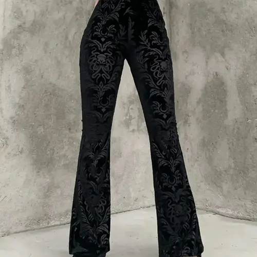 Women's Ethnic Pattern Elastic Waist Flare Leg Pants, Comfort Womenswear, Fashion Casual Comfy, Casual Trendy Versatile, Fall Clothes, Casual Comfy Bell Bottom Velvet Trousers for Fall
