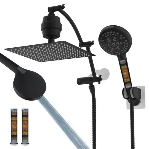Hibbent All-Metal Brass 10'' in Rain Showerhead Combo Pack, Wall Mount, 10'' Spray Settings, High-Pressure Handheld, 16 in Adjustable Extension Arm, 20-Stage Filter, 71 in Hose, 144 Splash Jets, Durability-Focused