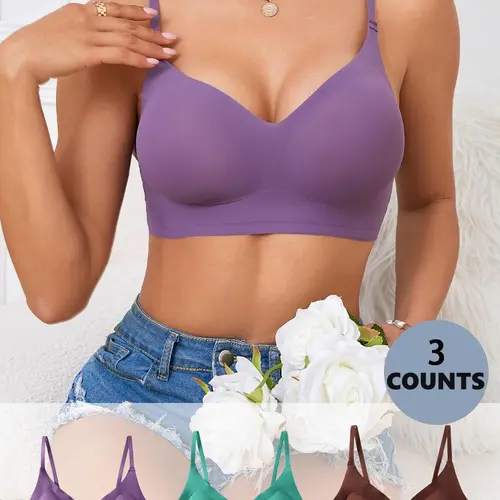 Women's 3pcs Solid Adjustable Strap Wireless Push Up Bra, Casual Soft Comfortable Breathable Seamless Bralette, Lady Lingerie for All Seasons, Intimate Clothing, Womenswear, Adjustable Bras, Soft Fabric Bra, Breathable Bralettes, Casual Comfy Bra