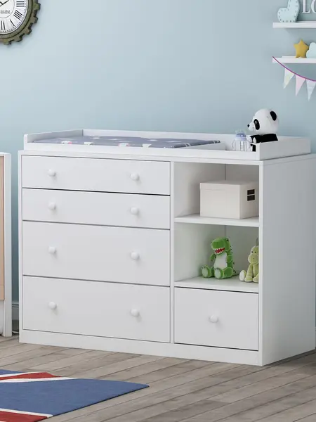 FUFU&GAGA Parents Day gift Deborah Changing Table Dresser Antique White with Exposed Shelves,5 Exposed Drawers & Space for Changing Pad, High-Quality Engineered Wood