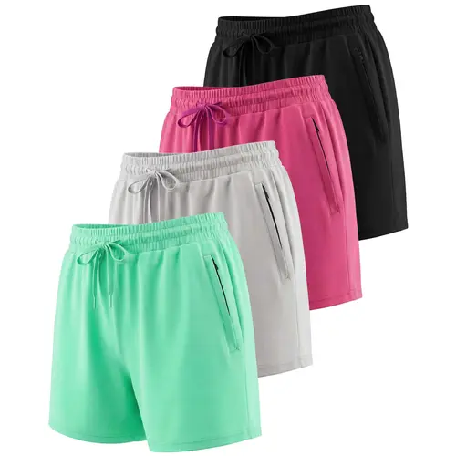 Real Essentials 4 Pack: Womens Active Athletic Performance Dry-Fit Shorts with Zipper Pockets (Available in Plus Size)