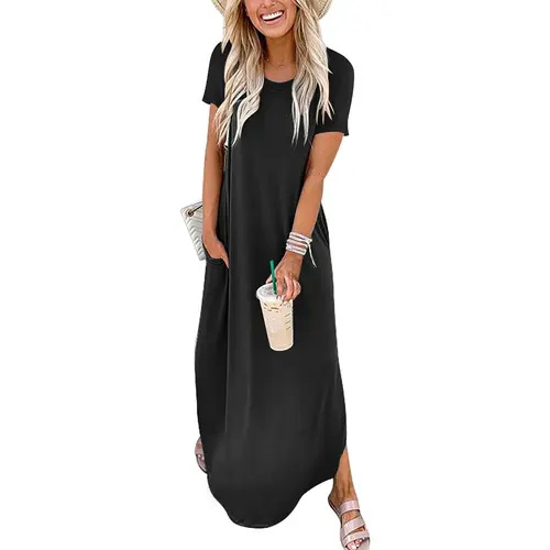 ANRABESS Women's Casual Loose Short Sleeve Long Dress Split Maxi Summer Beach Dress with Pockets