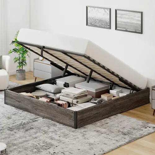 AMERLIFE Gas Lift-Up Storage Platform Bed Frame - Industrial Rustic Bedroom Furniture, Heavy-Duty Metal Frame with Wooden Slat Support & Anti-Slip Base, No Box Spring Needed, Large Storage, Noise-Free, Easy Setup, Durable, Furniture Bedroom Gift Idea