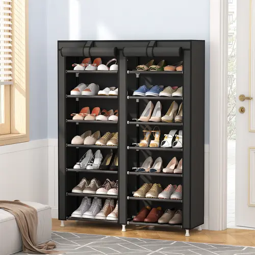 UDEAR 7-Tier Double-Row Shoe Rack with Dust Cover,  Adjustable Shoe Storage Shelf Durable Sturdy Rack