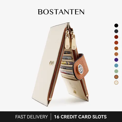 BOSTANTEN Women's Minimalist Bifold Leather Wallet, Waterproof RFID Blocking Long Clutch Purse with Zipper Pockets & Card Slots, Slim Mom Pouch (Mother's Day Gifts), Minimalist Bifold Wallet, Wallets For Women, Fashion Women's Wallets