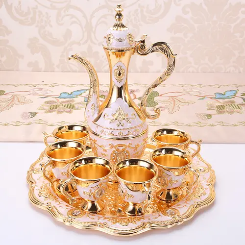 CNCEST 8.45oz Zinc Alloy Antique Die-Cast Gourmet Miniature Cup Tea Set - Small Dragon Handle Pot, 6 Tiny Cups, Press-Open Anti-Break Lid, Floral Motif, Serving Use, Wedding Gift (Gift Box Included), Cup Tea Sets