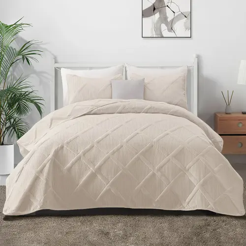 【Summer Deal】Exclusivo Mezcla Ultrasonic Quilt Set, 2/3 Pieces Quilt with Pillow Shams, Lightweight Bedspreads Modern Striped Coverlet Set for All Seasons