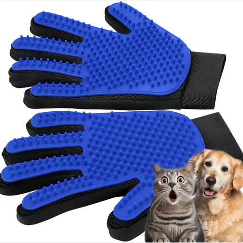 Furminator Upgrade Deshedding Brush Grooming Tool & Right-Hand Hair Removal Glove Set - Soft Silicone Tips, Adjustable Strap, Bath-Compatible, Massage Function, Universal, Reaches Tricky Areas (1 Pair, Blue, 135g, 8.66"l x 6.3"w x 0.79"h) for Dogs/Cats