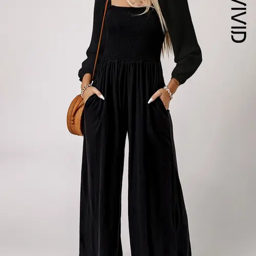 Women's Plain Ruched Shirred Smocked Pocket Wide Leg Jumpsuit, Casual Bishop Sleeve Square Neck Jumpsuit for Spring & Fall, Ladies Clothes for Daily Wear